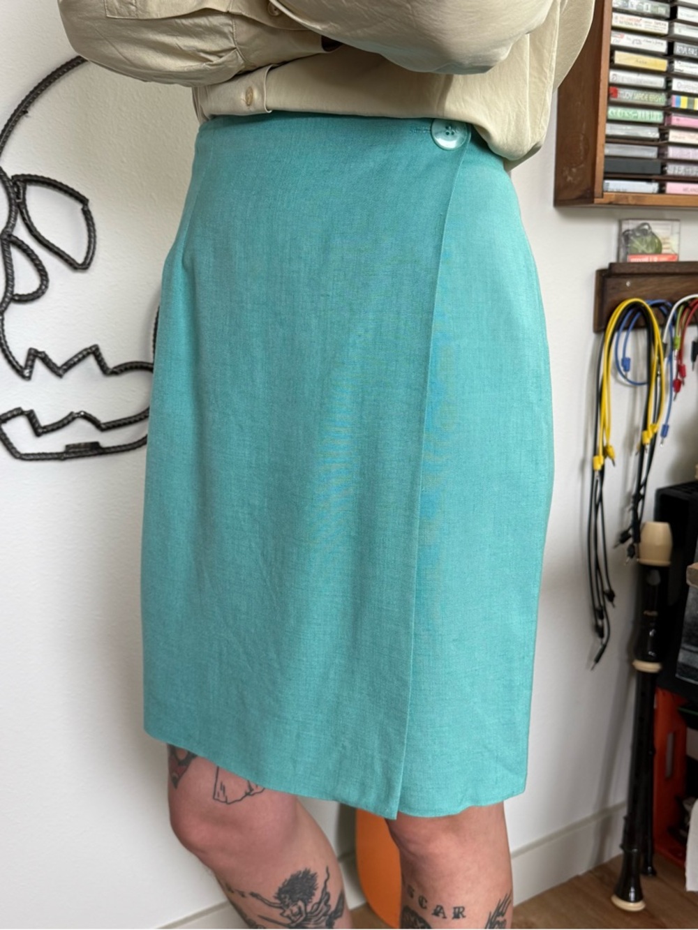 Vintage 90s Teal Linen Rayon Wrap Pencil Skirt ~ Size 4 / Small / 26" - Picture 3 of 9